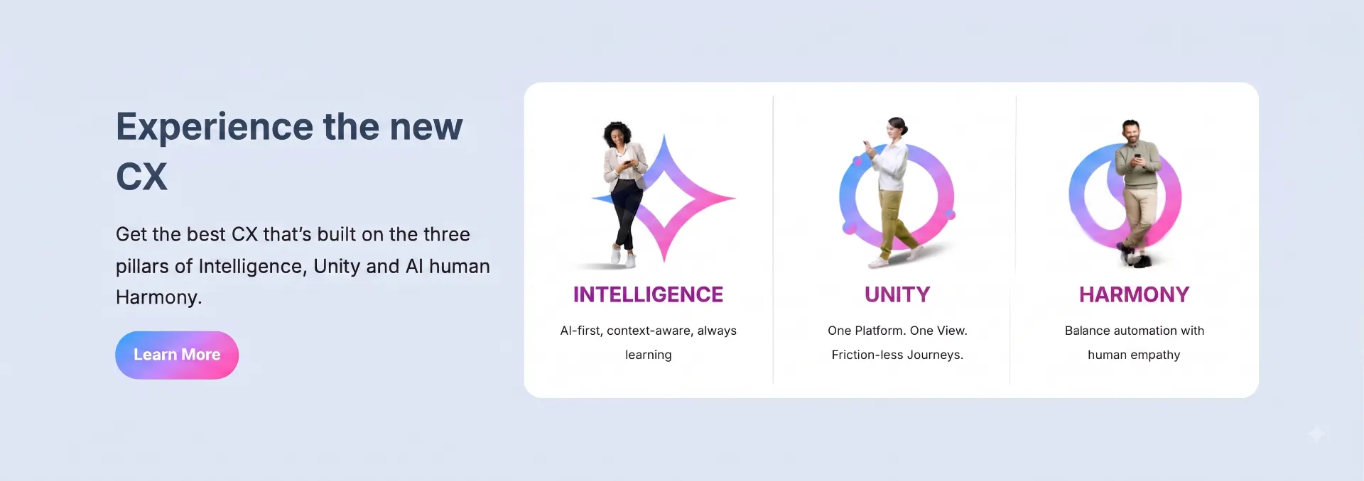 Experience the new CX — get the best CX built on the three pillars of Intelligence, Unity and AI human Harmony.